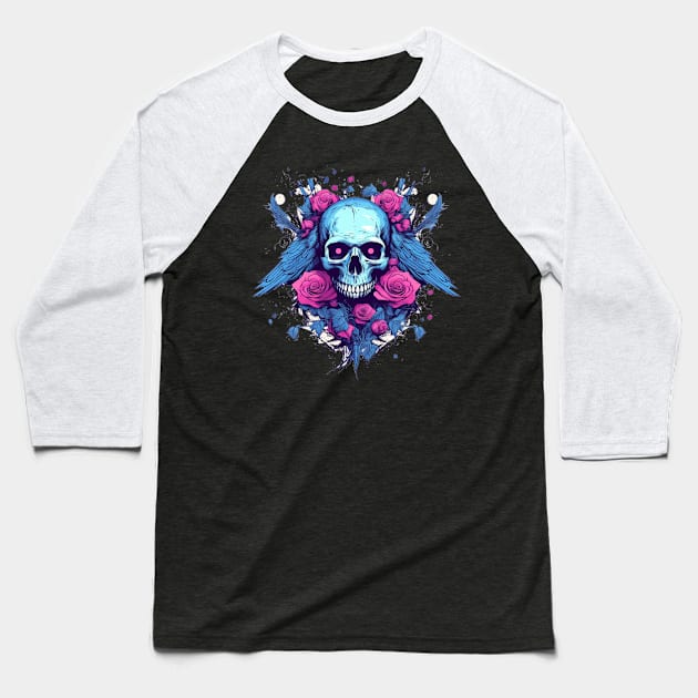 Skull with Wings and Flowers Baseball T-Shirt by TOKEBI